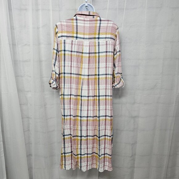 Pink Yellow Plaid Button Down Midi Shirt Dress Tunic Preppy Boho M - Picture 9 of 13